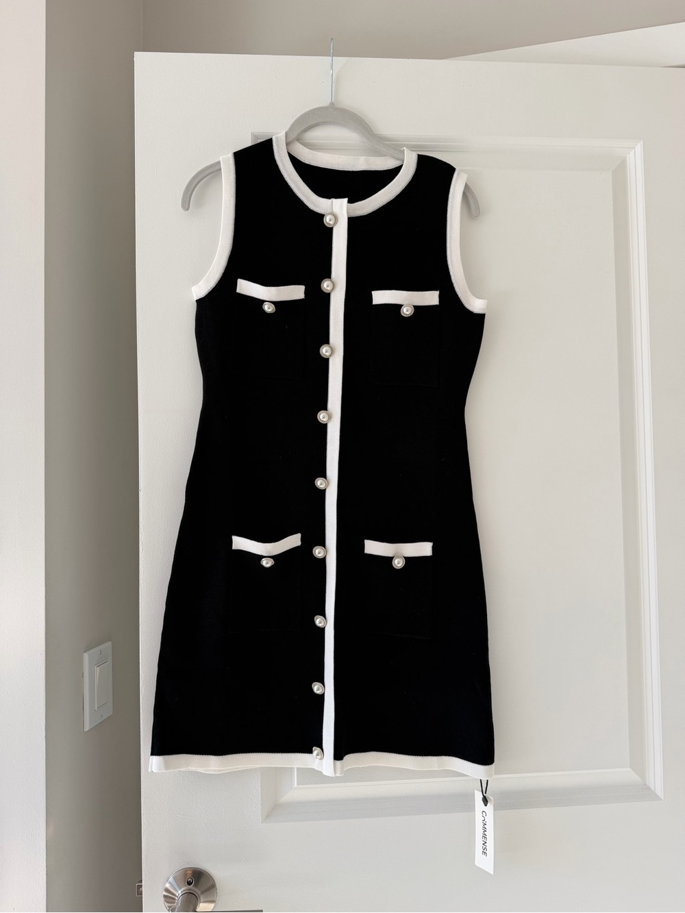 Commense Black Sleeveless Button-Front Dress with White Trim